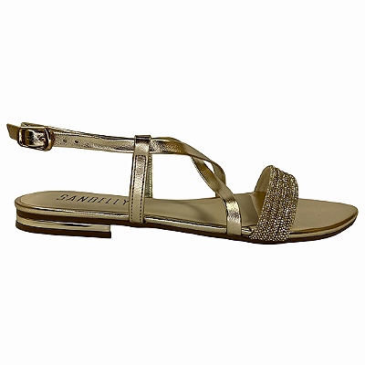 (T2583-115)Sandália Rasteira Dourada Tira De Strass  Dourado