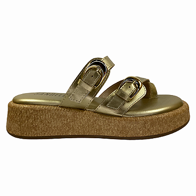 (8462-16754) Flatform Detalhe Fivelas Solado Natural   Metalic Gold