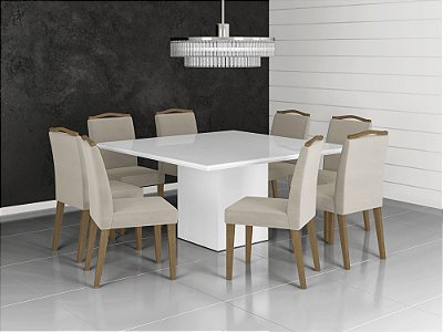 Mesa de Jantar Quadrada com 8 Cadeiras Laca Branca
