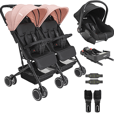 Carrinho Kiddo Gemeos Bebe Conforto Colinho Base ISOFIX Mascote Rosa