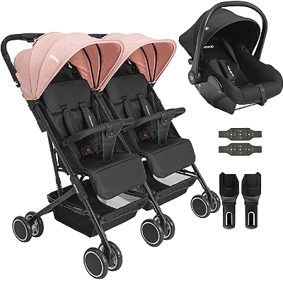 Carrinho Kiddo para Gemeos Bebe Conforto Colinho Mascote Rosa