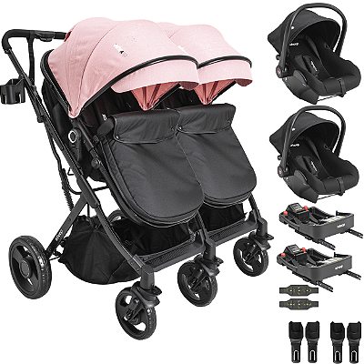 Carrinho Kiddo Gemeos 2 Bebe Conforto Colinho 2 Base ISOFIX Vox II Rosa