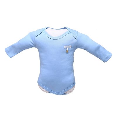 Body para Bebê Básico Manga Longa Liso 100% Algodão com Pingente Folhado a Ouro - Azul - Baby Baby