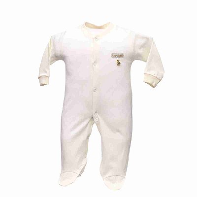 Macacão Longo Bebê Básico com Pé 100% Algodão com Pingente Folhado a Ouro - Off White - Baby Baby
