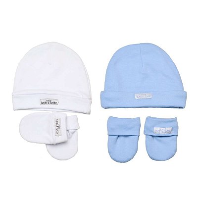 2 Kits com 1 Touca e 1 par de Luvas Bebê Maternidade Macio Algodão Unisex  Branco e Azul