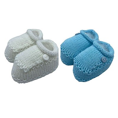 Kit 2 Sapatinhos de Linha Tricot para Bebê Branco e Azul Claro