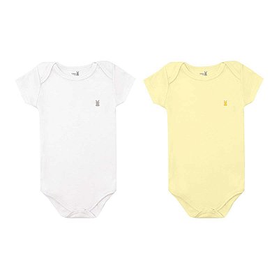 Kit com 2 Bodies Bebê Básico Manga Curta 100% Suedine Branco e Amarelo - Kiko Baby