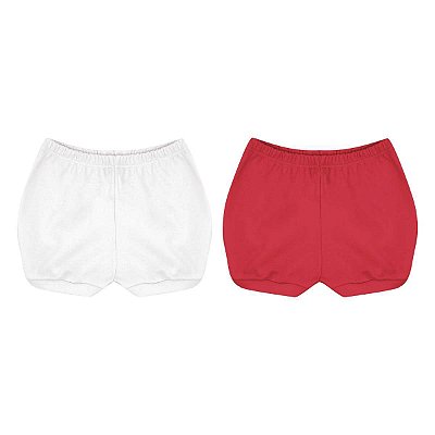 Kit com 2 Shorts Bebê 100% Algodão Suedine Branco e Vermelho - Kiko Baby