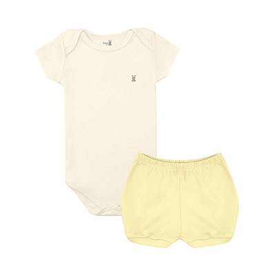 Conjunto Body Manga Curta e Short Básico Bebê 100% Suedine Off White e Amarelo - Kiko Baby