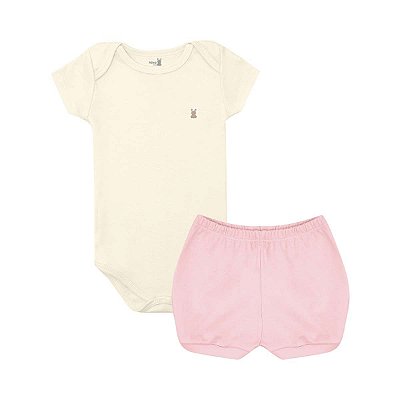 Conjunto Body Manga Curta e Short Básico Bebê 100% Suedine Off White e Rosa - Kiko Baby