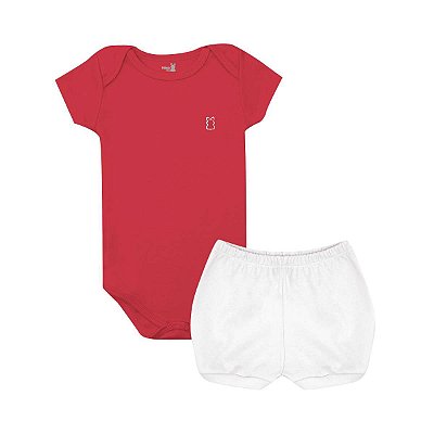 Conjunto Body Manga Curta e Short Básico Bebê 100% Suedine Vermelho e Branco - Kiko Baby