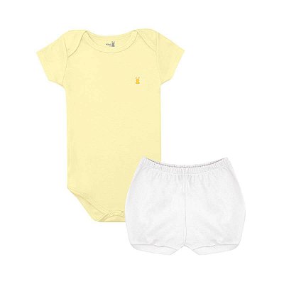 Conjunto Body Manga Curta e Short Básico Bebê 100% Suedine Amarelo e Branco - Kiko Baby