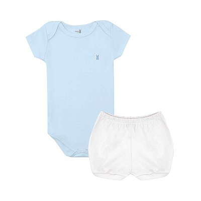 Conjunto Body Manga Curta e Short Básico Bebê 100% Suedine Azul e Branco - Kiko Baby