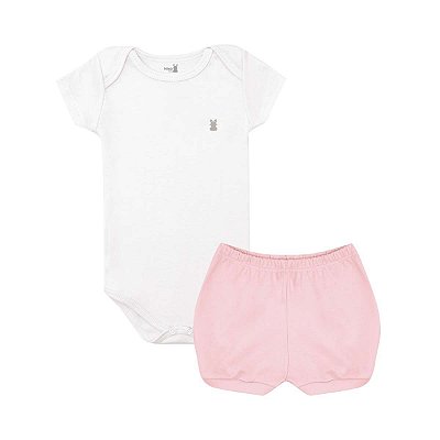 Conjunto Body Manga Curta e Short Básico Bebê 100% Suedine Branco e Rosa - Kiko Baby