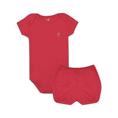 Conjunto Body Manga Curta e Short Básico Bebê 100% Suedine Vermelho - Kiko Baby