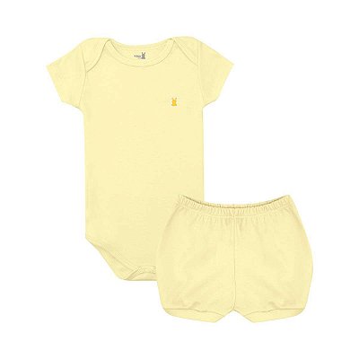 Conjunto Body Manga Curta e Short Básico Bebê 100% Suedine Amarelo - Kiko Baby