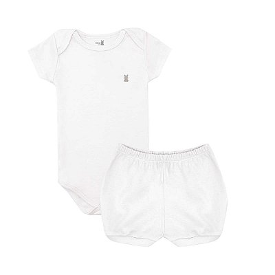 Conjunto Body Manga Curta e Short Básico Bebê 100% Suedine Branco - Kiko Baby