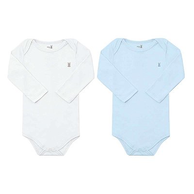 Kit com 2 Bodies Bebê Manga Longa 100% Algodão Suedine Branco e Azul - Kiko Baby