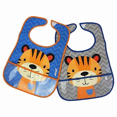 Babador Imparmeável Com Bolso Coletor Tigre Cinza e Azul (2unid) - Clingo