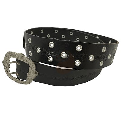 Cinto Couro Legitimo Cru Anilhado Fivela Aço Inox - Preto