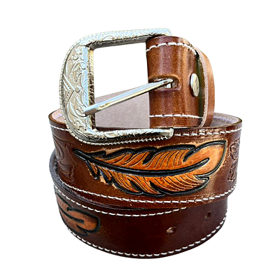 Cinto De Couro Marrom Fivela Country Prata Penas