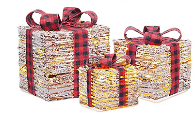 Caixa De Presente Nevadas com Laço Xadrez e Led 29x26x26cm