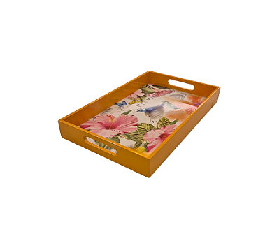 Bandeja Em Madeira Estampa Vanity Borda Laranja 32x20x4cm