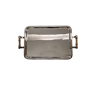 Bandeja Retangular Em Prata Com Alça Bambu 40x29cm