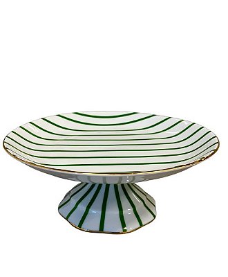 Fruteira Boleira Com Pé Em Porcelana Listras Verdes Lacorte