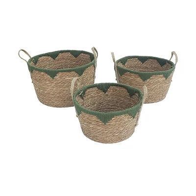 Conjunto De Cestos Em Fibra Vegetal Trançada Natural Verde
