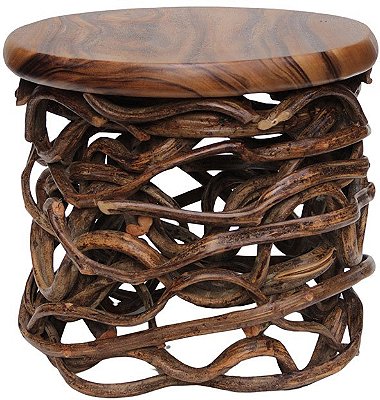 Mesa De Apoio De Madeira Rattan Rústico Base Redonda 46x50cm