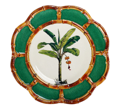 Jogo De 6 Peças De Pratos Em Resina Com Borda Bambu e Desenho Branco e Verde 22cm
