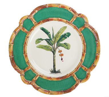 Jogo De 6 Peças De Pratos Em Resina Com Borda Bambu e Desenho Branco e Verde 28cm
