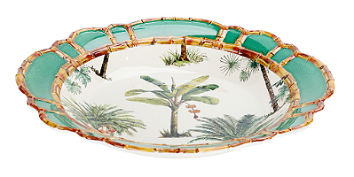Saladeira De Resina Com Borda Bambu e Desenho Branco e Verde 38cm