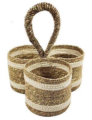 Porta Talher De Palha Formato Cesto Redondo Com Detalhe Branco 21x23cm