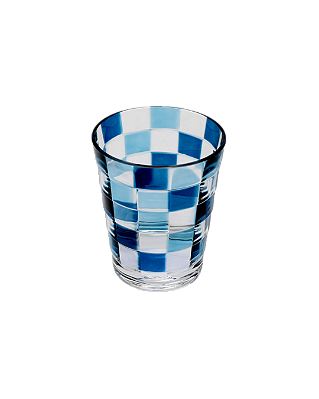 Jogo De 6 Peças De Copos Baixos Em Acrílico Com Detalhe Xadrez Azul 470ml