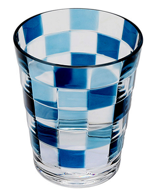 Jogo De 6 Peças De Copos Baixos Em Acrílico Com Detalhe Xadrez Azul 470ml