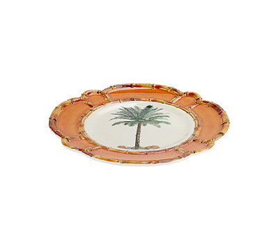 Jogo De 6 Peças De Pratos Em Resina Com Borda Bambu e Desenho Branco e Laranja 28cm