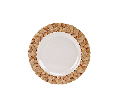 Jogo De 6 Pratos Para Almoço Em Resina Com Borda Tranças Branco e Laranja 27x2cm