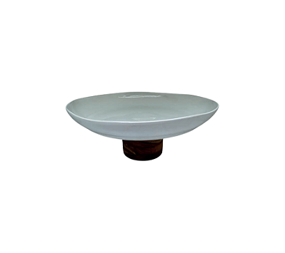 Sousplat Em Cerâmica Com Base De Madeira Snow Branco 36x15cm