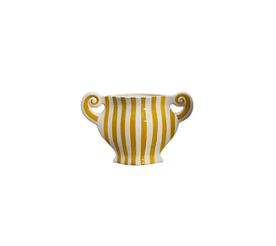 Vaso Ânfora Em Cerâmica Com Alça Listras Amarelas e Brancas 14x36x27cm