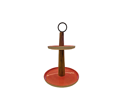 Boleira 2 Andares Com Alça Em Cerâmica Base De Madeira Rogue Vermelho Terroso 43x29cm
