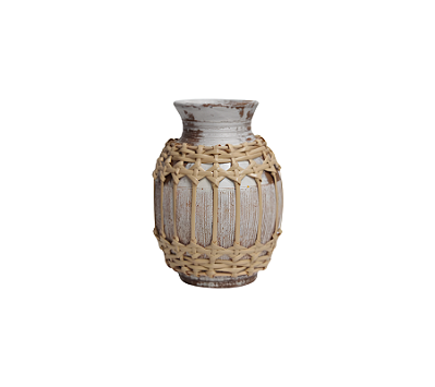 Vaso Em Cerâmica Com Detalhe Palha Natural Cinza 29x19cm