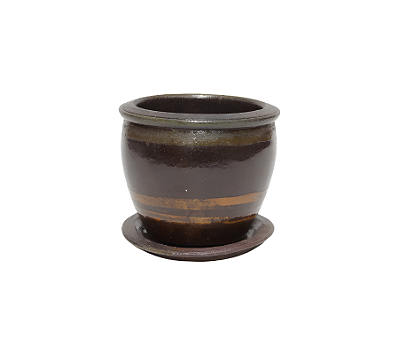Vaso Em Cerâmica Com Prato Acabamento Esmaltado Rústico Marrom 17x19cm