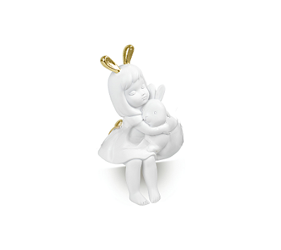 Escultura Menina Com Coelho Em Resina Branco e Dourado 23x13x11cm
