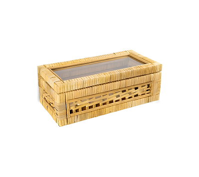 Caixa Decorativa Retangular Em Rattan MDF e Vidro