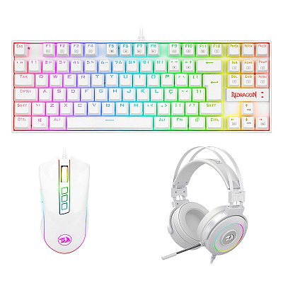 Kit Gamer RGB Redragon S125W Lunar White com Mouse, Teclado e Headset