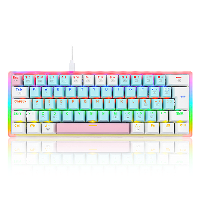 TECLADO MECÂNICO GAMER AKALI KEYCAPS ROSA, AZUL E BRANCO RAINBOW SWITCH MARROM