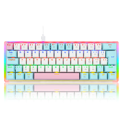 TECLADO MECÂNICO GAMER AKALI KEYCAPS ROSA, BRANCO E AZUL RAINBOW SWITCH MARROM