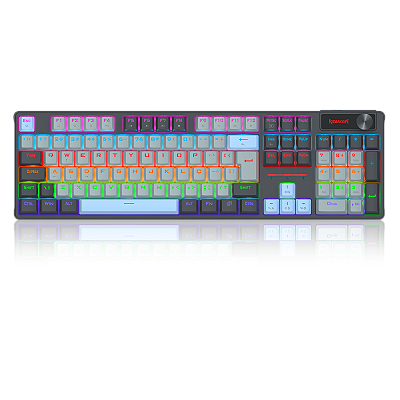 Teclado Mecânico Gamer Redragon Caesura – Switch Marrom, Full Size, Roda de Volume, ABNT2, Cinza/Branco/Azul – K718GB-R